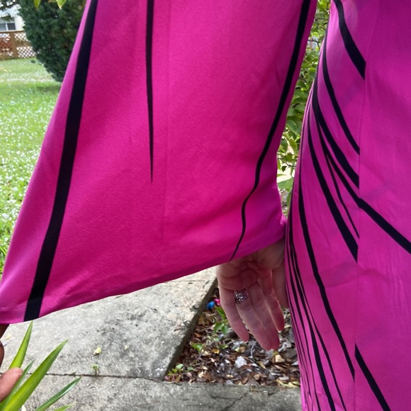 Vintage Pink Black Stripe Long Trumpet Boat Neck Sleeve Knee Length Dress! - Picture 8 of 12